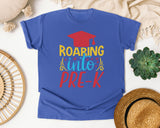 Roaring Into Pre-K Red graphic tee in Flo Blue