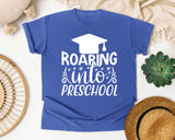 Roaring Into Preschool White 2 graphic tee in Flo Blue