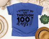 I Sparkled My Way Through 100 Days White graphic tee in Flo Blue