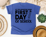 First Day Of School Let The Adventure Begin White 2 graphic tee in Flo Blue