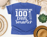 My Students Are 100 Days Smarter White 2 graphic tee in Flo Blue