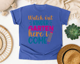 Watch Out Kindergarten Here I Come Red graphic tee in Flo Blue
