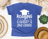 Roaring Into 2nd Grade White 2 graphic tee in Flo Blue