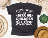 Please Excuse The Mess My Children Are Now Homeschool graphic tee in Graphite
