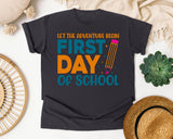 First Day Of School Let The Adventure Begin White graphic tee in Graphite
