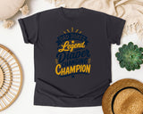 Dad Jokes Legend Diaper Changing Champion Gold graphic tee in Graphite