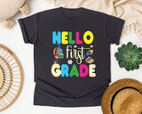 Hello First Grade Sneakers graphic tee in Graphite