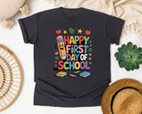 Happy First Day Of School Crayons Graphic Tee graphic tee in Graphite