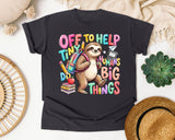 Off To Help Tiny Humans Do Big Things Sloth graphic tee in Graphite