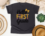 Hello First Grade Bow graphic tee in Graphite