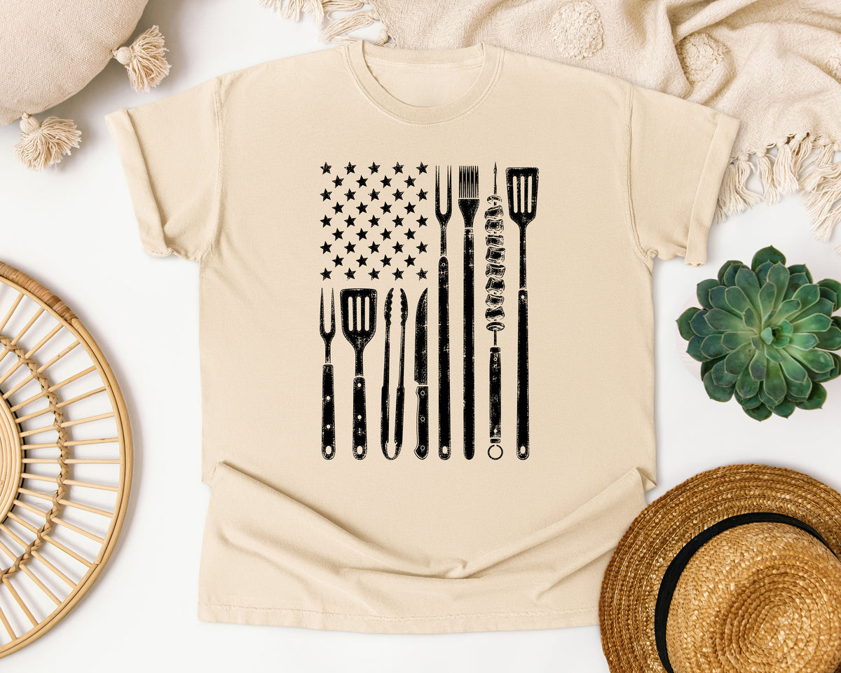 BBQ Tools American Flag Grey graphic tee in Ivory