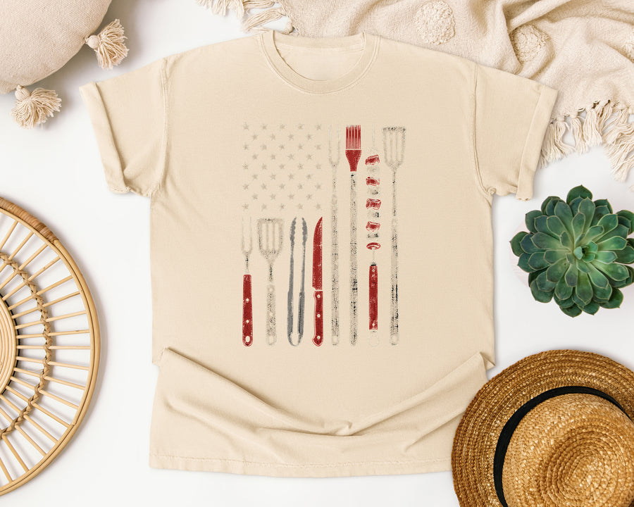 BBQ Tools American Flag Grey 2 graphic tee in Ivory