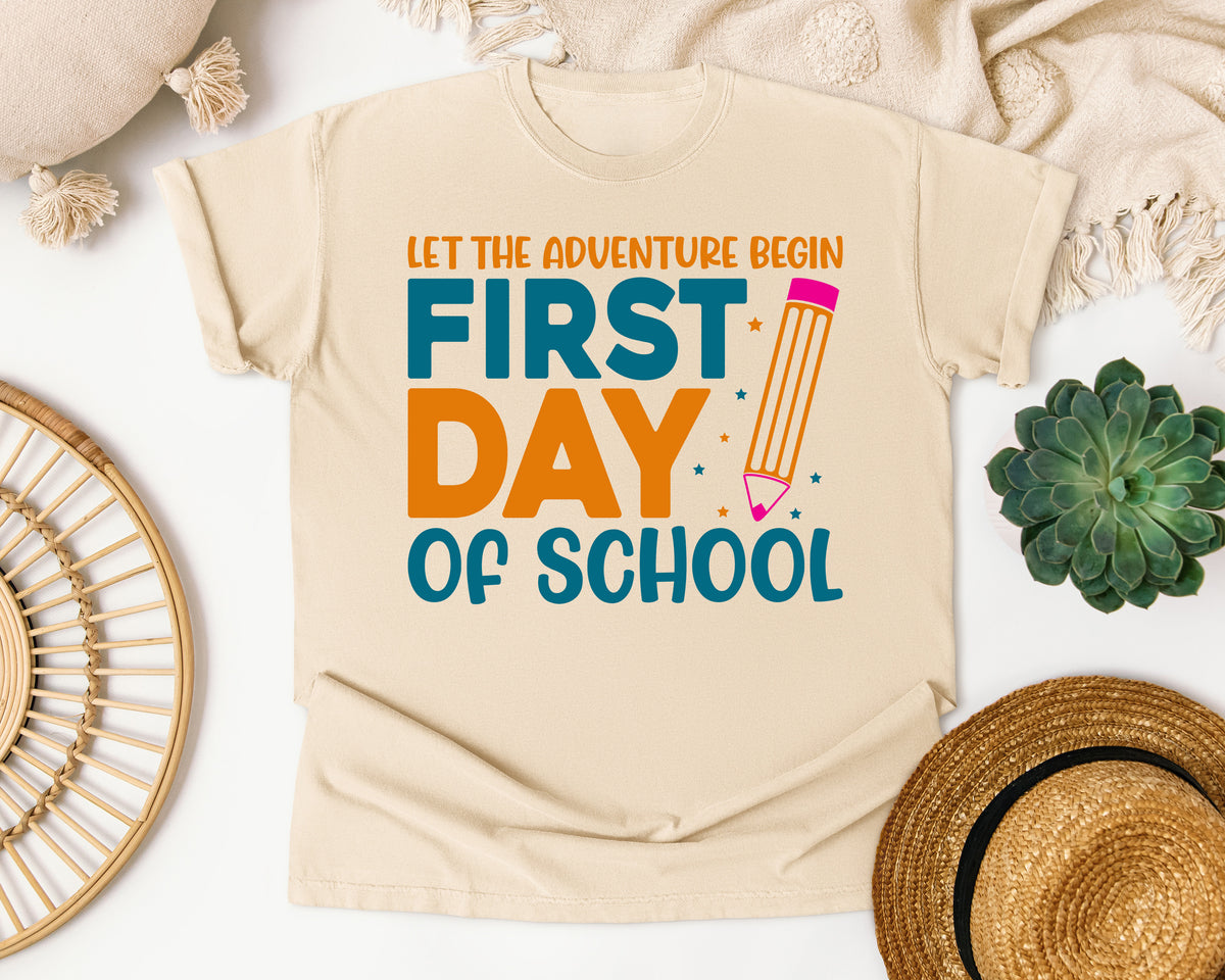 First Day Of School Let The Adventure Begin White graphic tee in Ivory
