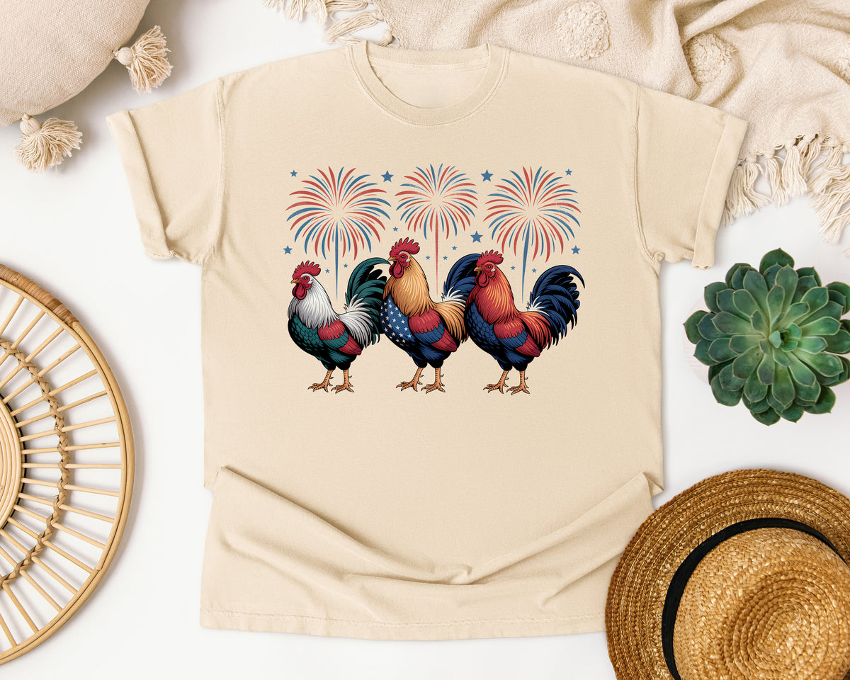 Patriotic Roosters Fireworks graphic tee in Ivory