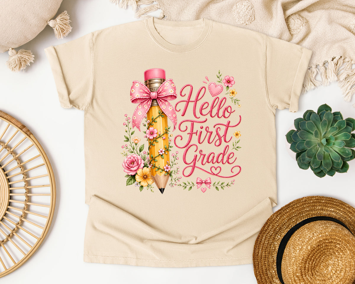 Hello First Grade Pencil graphic tee in Ivory