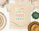 Hello First Grade Stripes graphic tee in Ivory