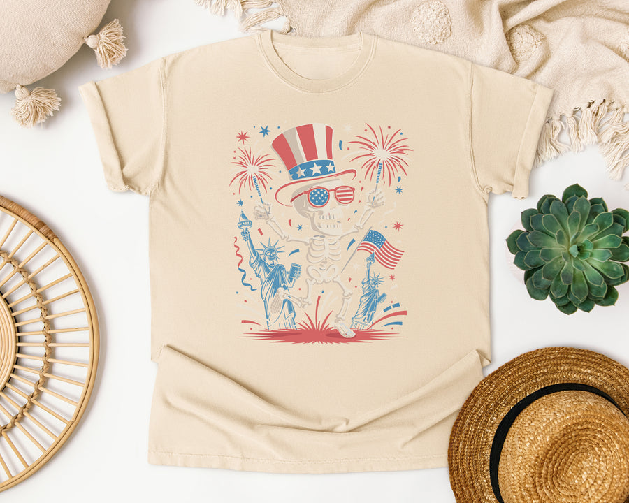 Patriotic Skeleton Fireworks Pink 5 graphic tee in Ivory