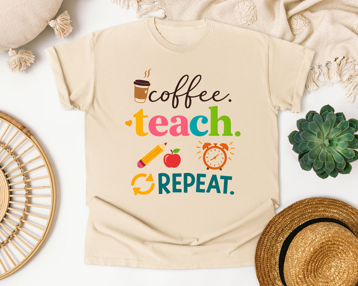 Coffee Teach Repeat Icons graphic tee in Ivory