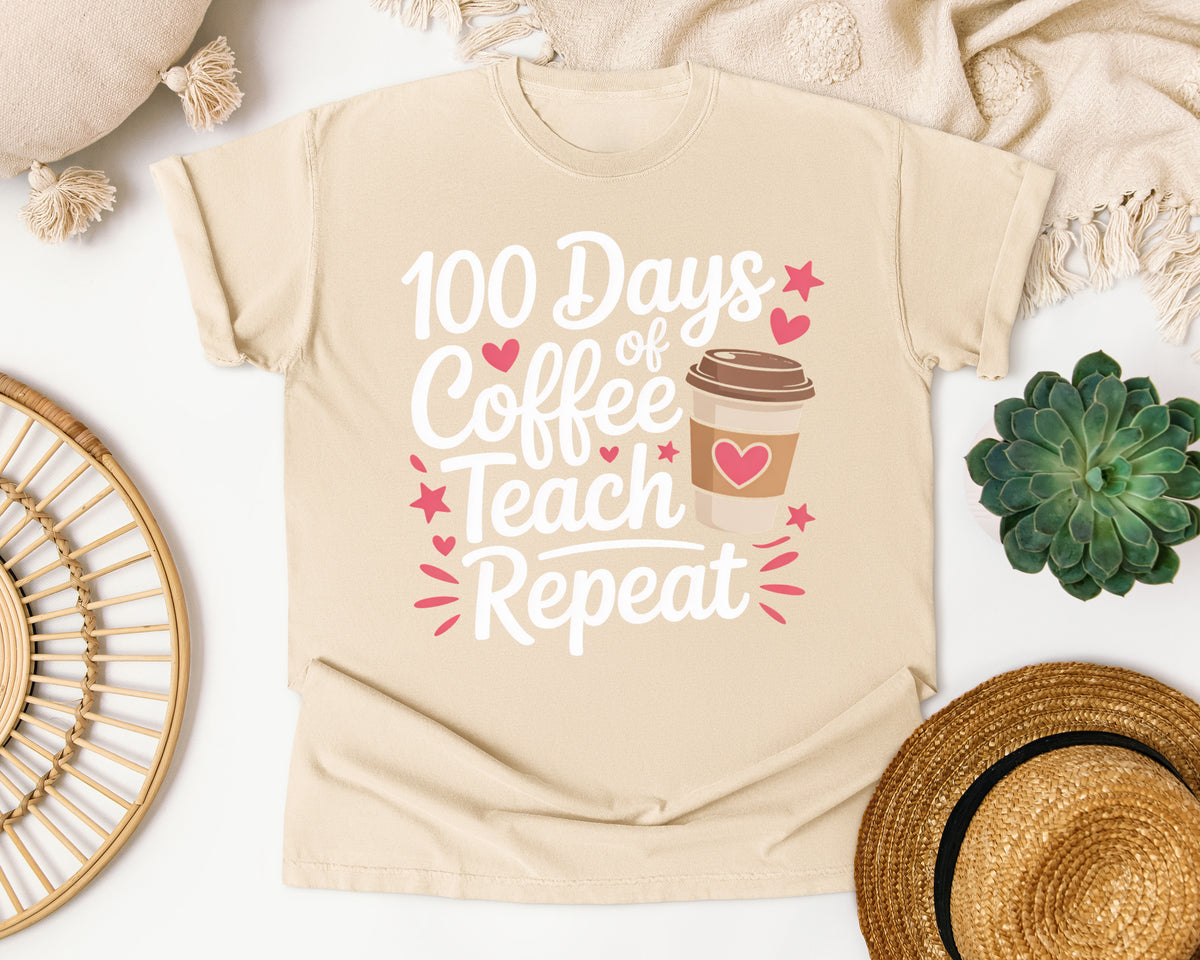 100 Days Of Coffee Teach Repeat graphic tee in Ivory