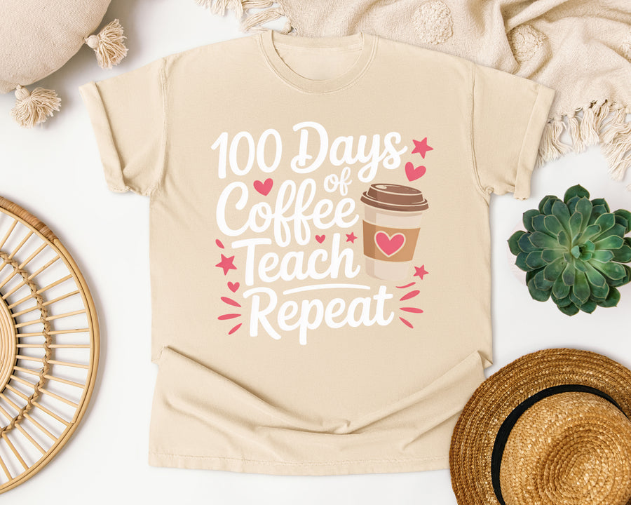 100 Days Of Coffee Teach Repeat graphic tee in Ivory