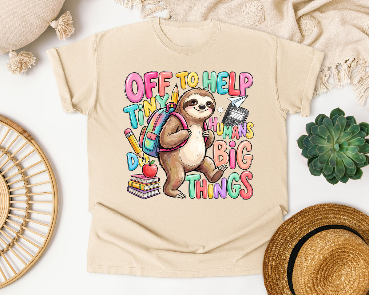 Off To Help Tiny Humans Do Big Things Sloth graphic tee in Ivory