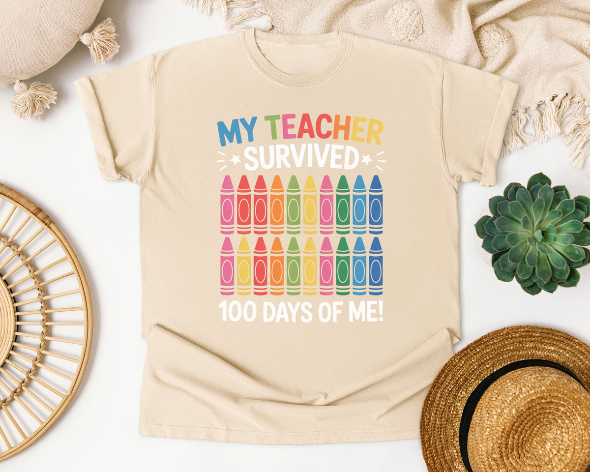 My Teacher Survived 100 Days Of Me Crayons graphic tee in Ivory