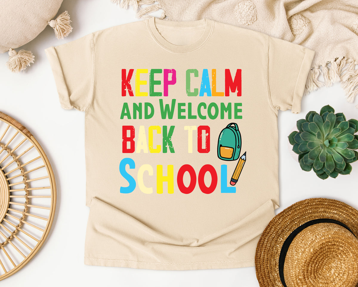 Keep Calm And Welcome Back To School Backpack graphic tee in Ivory
