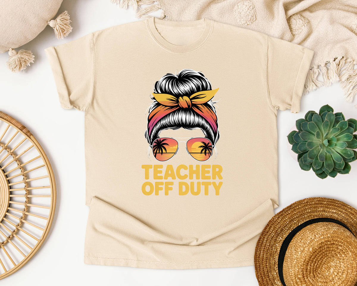 Teacher Off Duty Messy Bun Sunset graphic tee in Ivory