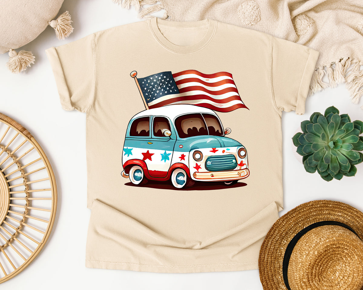 Patriotic Van With Flag graphic tee in Ivory