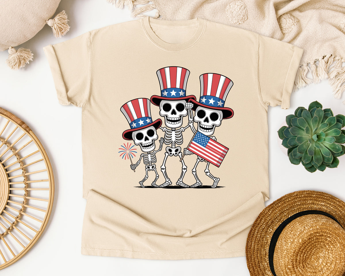 Patriotic Skeleton Trio Grey 2 graphic tee in Ivory