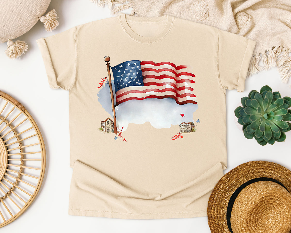 Waving American Flag Grey graphic tee in Ivory