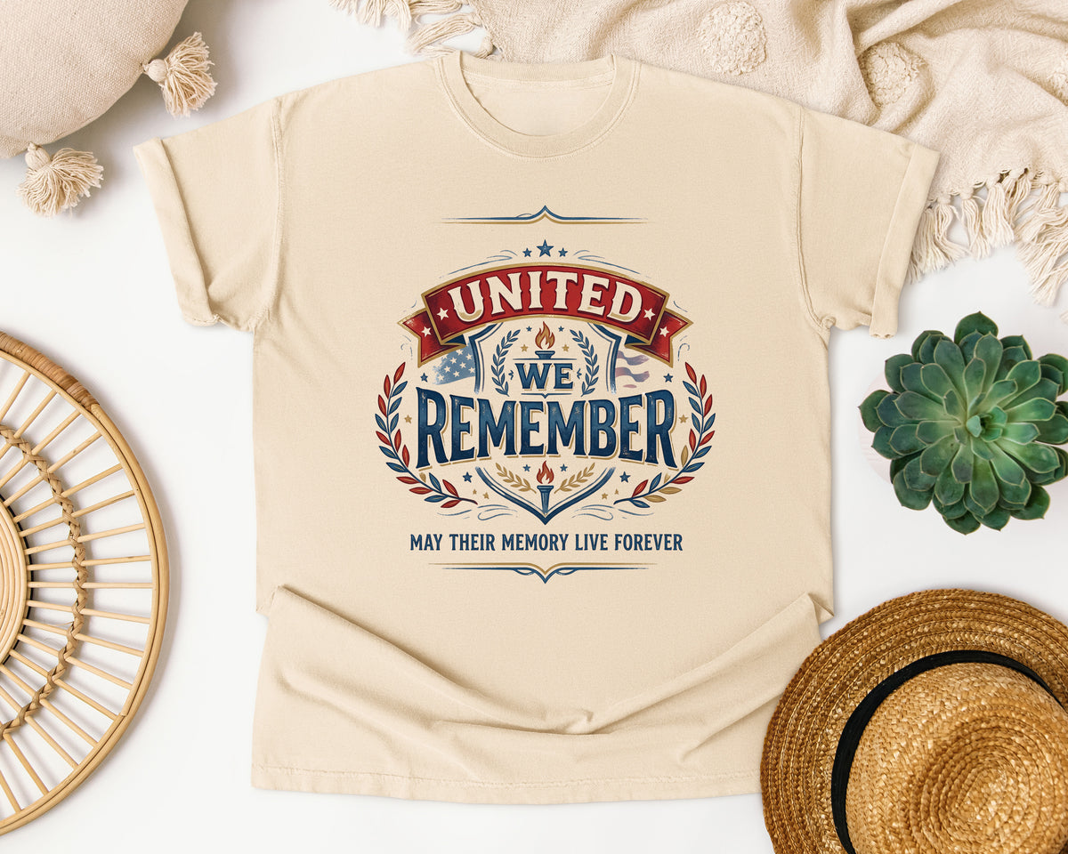 United We Remember May Their Memory Live Forever graphic tee in Ivory