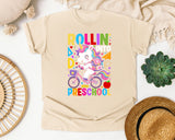 Rollin Into Preschool Unicorn Bright Graphic Tee graphic tee in Ivory