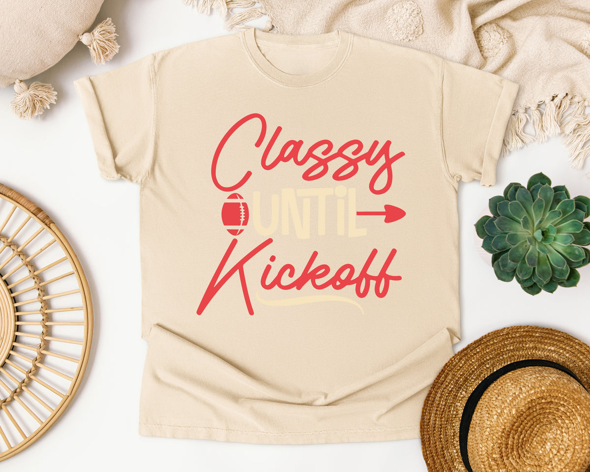 Classy Until Kickoff Coral graphic tee in Ivory