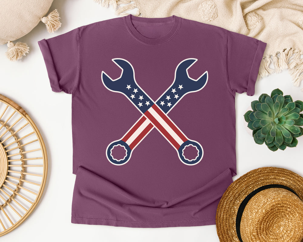 American Flag Crossed Wrenches graphic tee in Berry Comfort Colors 1717
