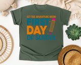 First Day Of School Let The Adventure Begin White graphic tee in Moss