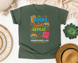Books Snacks Repeat Homeschool Life graphic tee in Moss