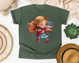 Girl Waving American Flag graphic tee in Moss