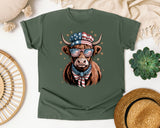 Patriotic Highland Cow graphic tee in Moss
