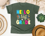 Hello First Grade Sneakers graphic tee in Moss