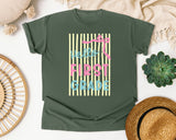 Hello First Grade Stripes graphic tee in Moss