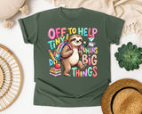 Off To Help Tiny Humans Do Big Things Sloth graphic tee in Moss