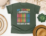 My Teacher Survived 100 Days Of Me Crayons graphic tee in Moss