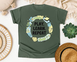 Play Learn Repeat graphic tee in Moss