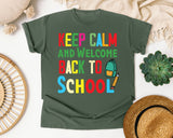 Keep Calm And Welcome Back To School Backpack graphic tee in Moss