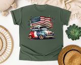 Retro Car With Flag graphic tee in Moss