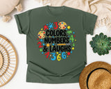 Colors Numbers And Laughs Circle graphic tee in Moss