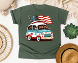 Patriotic Van With Flag graphic tee in Moss