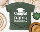 Roaring Into Kindergarten White 2 graphic tee in Moss