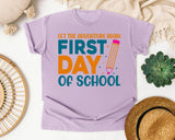 First Day Of School Let The Adventure Begin White graphic tee in Orchid